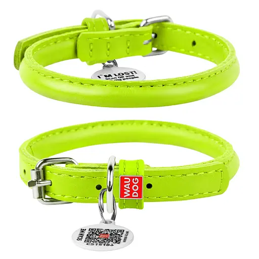 Ошейник для собак кожаный Waudog Glamour с QR-паспортом круглый Д 8 мм Д 25-33 см салатовый
