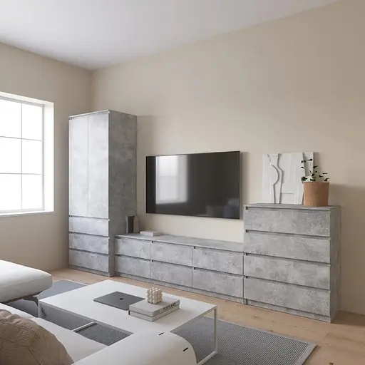 Комплект мебели в гостиную VAYS шкаф R-9, тумба R-12, комод R-4, бетон