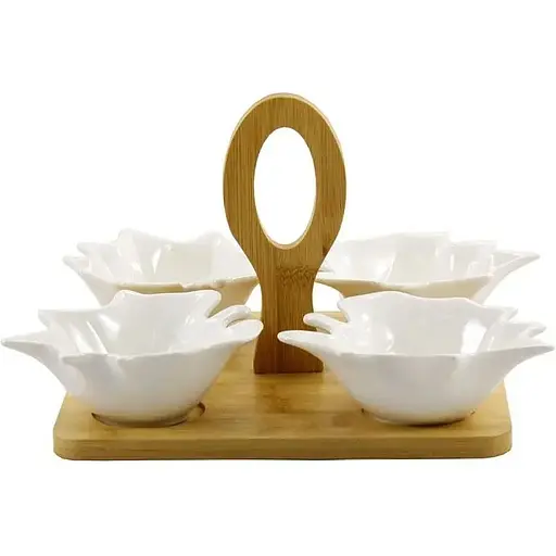 Менажниця Interos порцелянова 4 секційна на підставці 21 см біла (PJ03195)