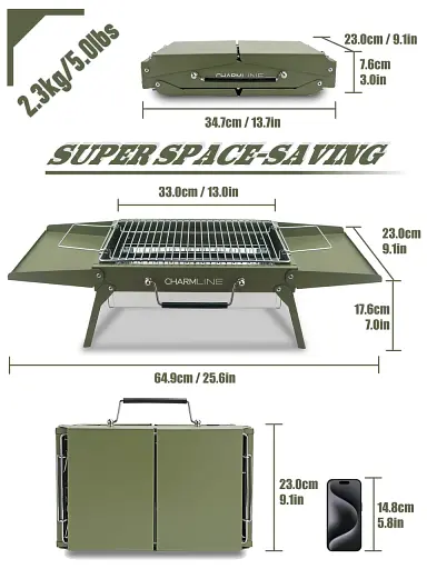 Charmline 14x9 дюймов настольный угольный гриль, подъемная сетка для гриля, экономя место для внутреннего и внешнего. - фото 5