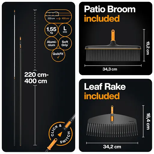 Грабли пластиковые 51 см + щетка 34 см Fiskars OneClick + ручка 161 см (1080715) - фото 2