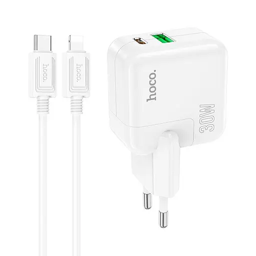 Адаптер сетевой HOCO Type-C to Lightning Cable Lucky dual-port charger set C111A |1USB/1Type-C, 30W/3A, PD/QC| - фото 1
