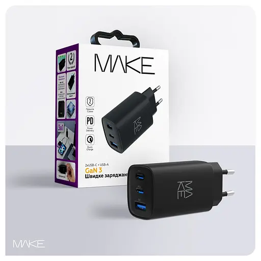 Зарядний пристрій мережевий MAKE 65W GaN3 2xType-C PD3.0 + USB QC4.0 Black - фото 7