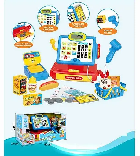 Кассовый аппарат 35578 H звук, свет, калькулятор, микрофон, продукты, деньги, в коробке (6965539401428) - фото 1