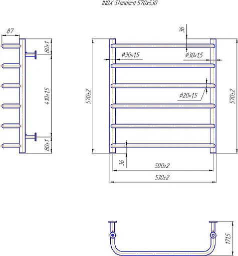 Водяна рушникосушка Mario Inox Стандарт 570x530/500 1.8.044608.P, Хром, нижнее - фото 4