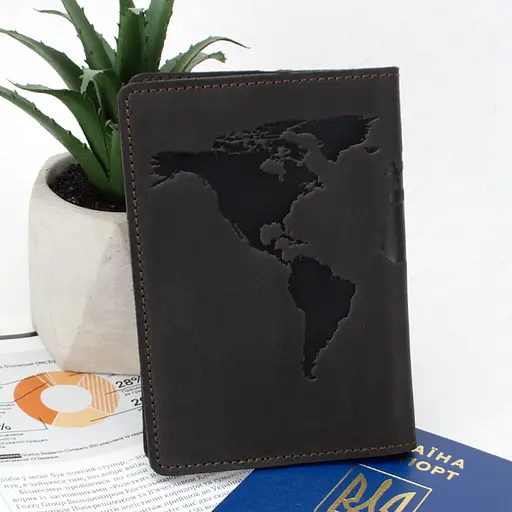 Обложка кожаная на загранпаспорт "Карта" (коричневая) - фото 2