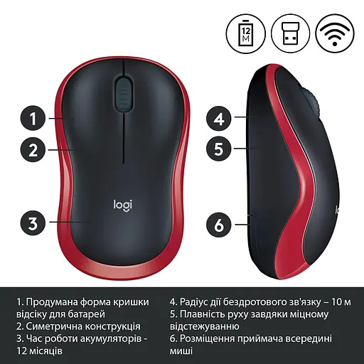 Беспроводная мышь Logitech M185 Wireless Red (L910-002237) (910-002237) - фото 4
