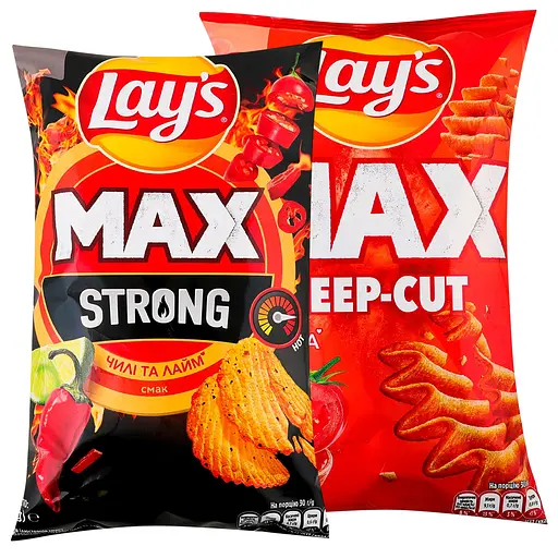 Набор: чипсы Lay's Max Strong Чили и лайм картофельные 95 г + чипсы Lay's Max Deep-cut Сальса Рифленые картофельные 95 г