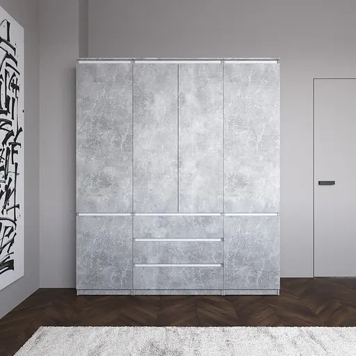 Шкаф со штангой и полками, комплект из 2 пеналов с полками и 1 шкаф со штангой с 3 шухлядами R9+R22-2 Бетон-Белые планки