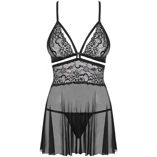 Еротичний мереживний комплект із сіточкою Obsessive 838-BAB-1Babydoll & Thong Black S/M, чорний