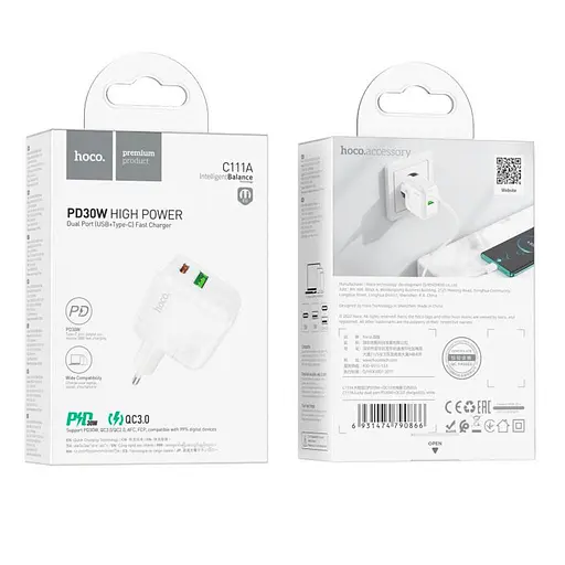 Сетевое зарядное устройство Hoco C111A Lucky dual-port PD30W + QC3.0 charger ( EU ) Белый - фото 3