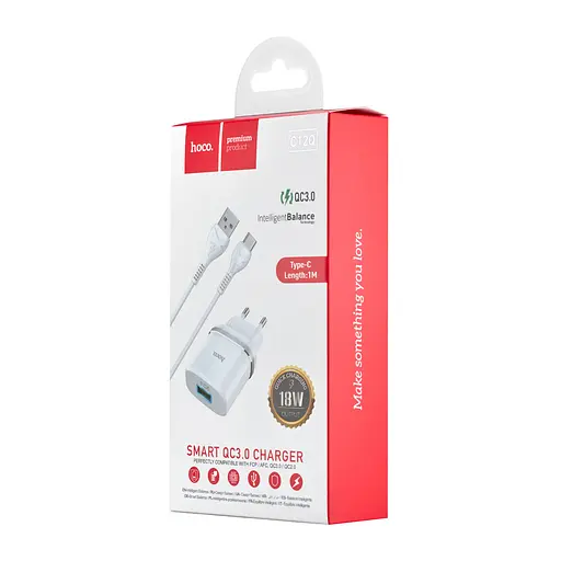 Мережевий зарядний пристрій Hoco C12Q Smart QC3.0 charger set ( Type-C ) ( EU ) Білий - фото 2