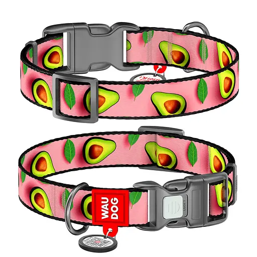 Ошейник для собак нейлоновый Waudog Nylon с QR-паспортом "Авокадо на розовом" пластиковый фастекс XL Ш 25 мм