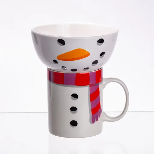 Новогодняя чашка с пиалой Yiwu Snowman набор праздничный CR-1-49 - фото 3