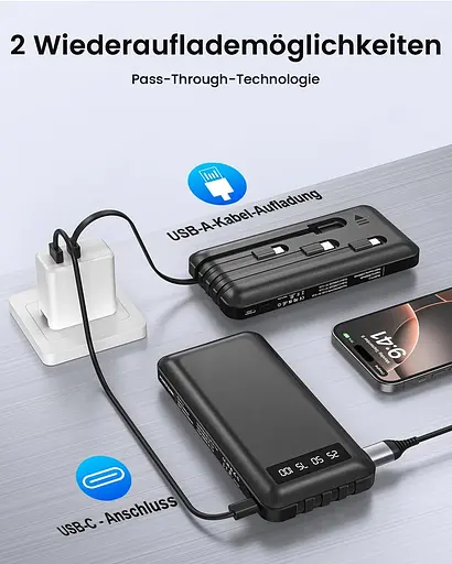 Повербанк 26800 мА·ч с 4 встроенными кабелями, 22,5 Вт Power Bank USB C Функция быстрой зарядки со светодиодным дисплеем - фото 5