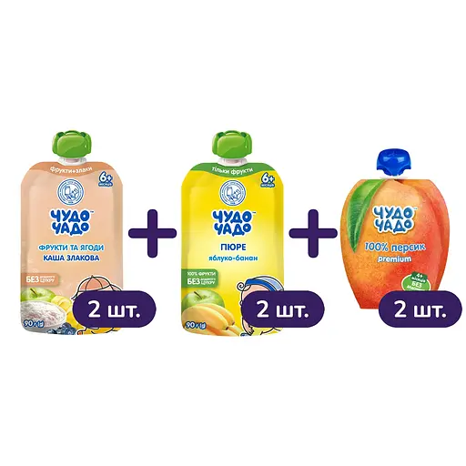 Набор пюре Чудо-чадо: Фруктово-ягодное со злаковой кашей + Яблоко и банан без сахара + Персик без сахара 540 г (6 шт х 90 г)