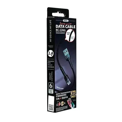 Дата кабель для зарядки REMAX Jany RC-124m USB 2.0 — micro USB 2.4A Черный (1м) - фото 3