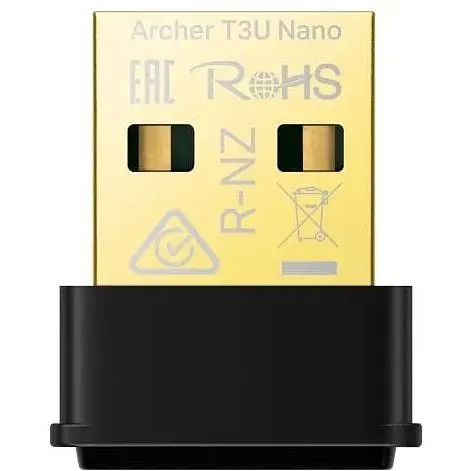 Сетевой адаптер USB TP-Link Archer T3U Nano, Black, 5GHz/2.4GHz, AC1300 (867/400 Мбит/с), USB 2.0, миниатюрный размер, MU-MIMO