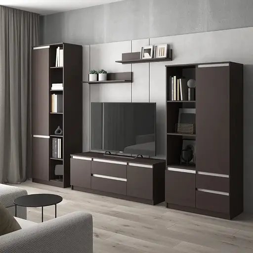 Комплект мебели в гостиную VAYS шкаф R-26, шкаф R-27, тумба R-28, полки М-22, венге темный-белые планки