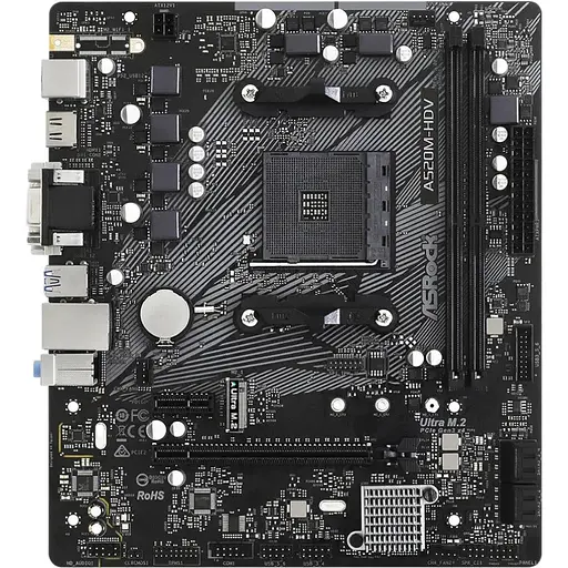 Материнская плата ASRock A520M-HDV (AM4/A520, 2xDDR4, PCIex16, D-Sub/DVI-D/HDMI, 4xSATAIII, M.2, GLan, 8ch, mATX)