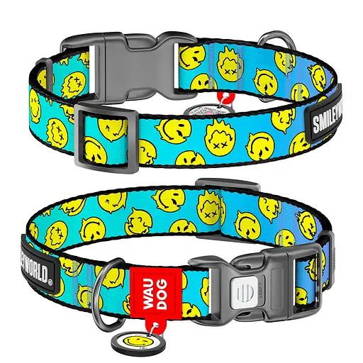Ошейник для собак нейлоновый Waudog Nylon с QR-паспортом "Смайлики на голубом" пластиковый фастекс М Ш 20 мм Дл