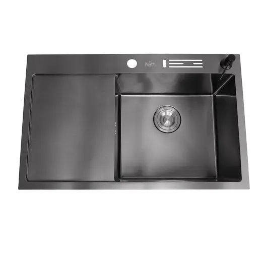 Кухонна мийка чорна з лівим крилом 1.5 мм нержавіюча сталь Nett NB-7848(L), Чорний - фото 1