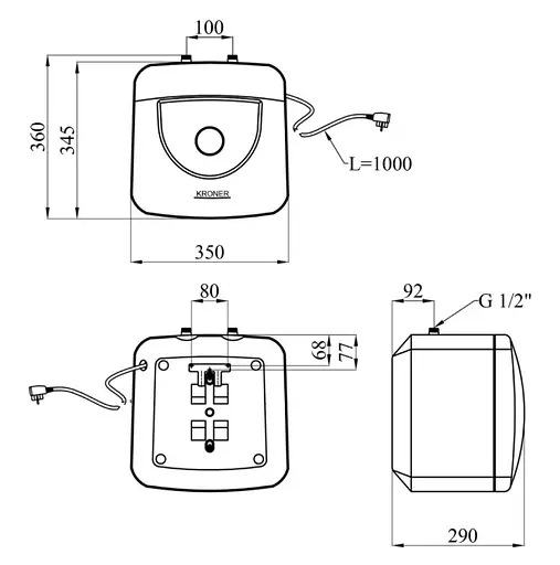 Водонагреватель Kroner Small K10SU1.5 1500 Вт, мокрый ТЭН, 10 л, квадратный, вертикальный, под мойкой, белый (CV034585) - фото 7