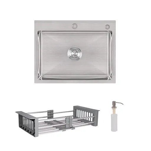 Кухонная мойка Lidz Handmade H5845 интегрированная Brushed в комплекте с дозатором и корзиной, Нержавеющая сталь - фото 1