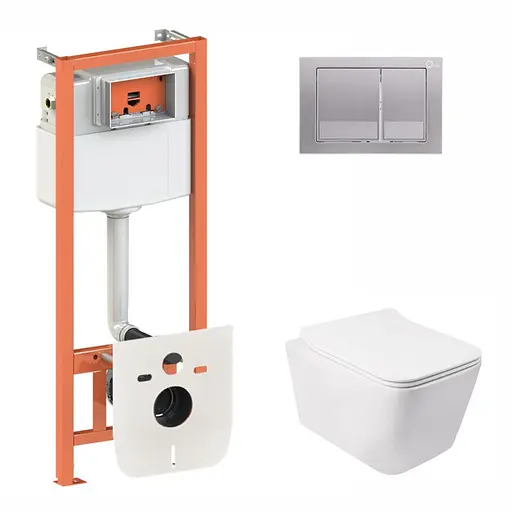 Набор Qtap инсталляция 3 в 1 Nest QT0133M425 с панелью смыва квадратной QT0111M06029SAT + унитаз с сиденьем Crow QT05335170W, Белый - фото 1