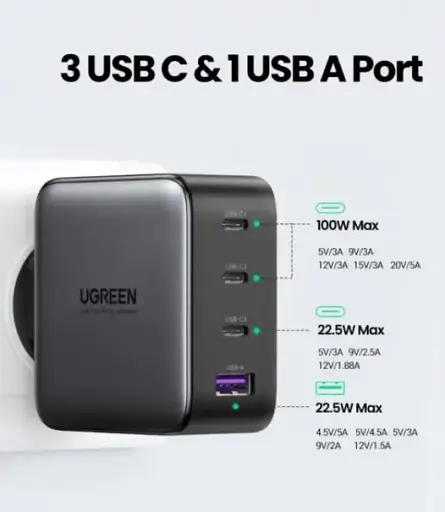 Универсальное портативное быстрое зарядное устройство для Ugreen CD226 GaN 100W 3C1A на 4 USB - фото 4