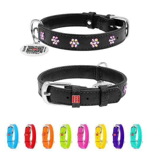 Ошейник для собак кожаный Waudog Glamour с QR-паспортом с клеевыми стразами "Цветы" Ш 20 мм Д 30-39 см - фото 2