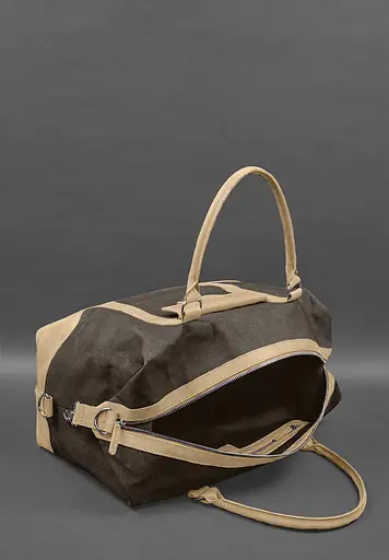 Дорожная сумка из коричневого конваса и натуральной кожи Crazy Horse светло-бежевая - фото 6