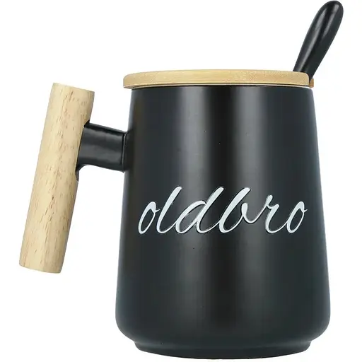 Кухоль керамічний OldBro для старого друга з дерев'яною ручкою кришкою та ложкою 480 мл black - фото 1