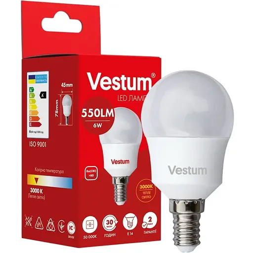 Світлодіодна лампа Vestum G45 6W 3000K 220V E14 1-VS-1204