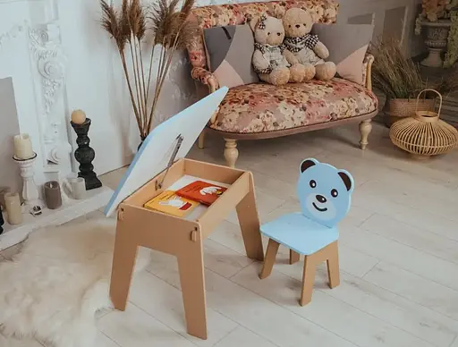 Дитячий стіл з ящиком + стільчик для навчання та гри (Синій з ведмедиком) - фото 5