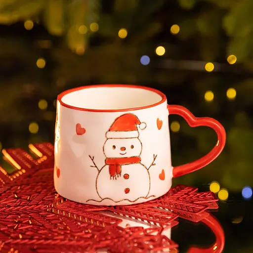 Новорічна порцелянова чашка для чаю та кави Сніговик 350 мл Білий з червоним Yiwu FM-CS-55A - фото 2