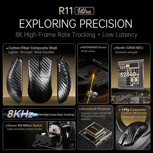 Бездротова миша ATTACK SHARK R11 ULTRA 42000 DPI, PAW3950 MAX, Carbon Shark, 8K,Чорна - фото 6