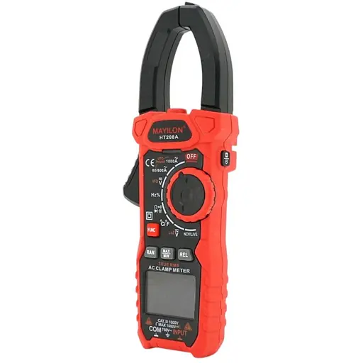 Токовые клещи Mayilon HT-208A измерения: V, A, Ω, C, Hz, DUTY, °C/°F (NCV, True RMS), функции: Data Hold, Max/Min, REL, прозвон, тест диодов - фото 1