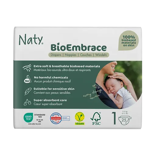 Одноразові дитячі підгузки BioEmbrace розмір 1, 2-5 кг. 25 шт NATY