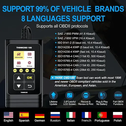 Считыватель кодов THINKCAR OBD100 OBD2, универсальный автомобильный сканер OBD2 считыватель неисправностей двигателя OBD2/EOBD - фото 2