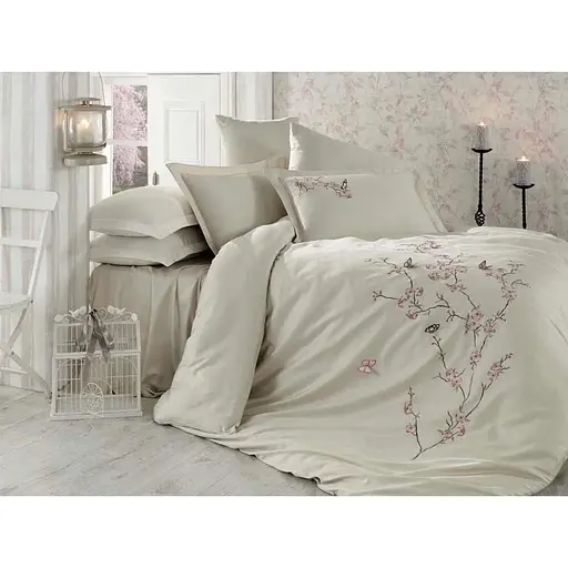 Комплект постельного белья Dantela Vita Butterfly Beige с вышивкой Евро Разноцветный 000230376