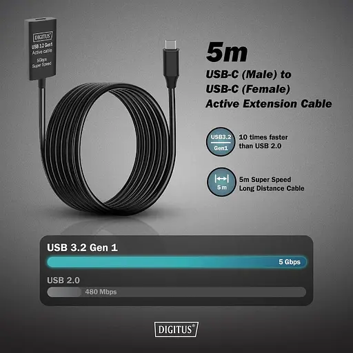 Digitus Подовжувач USB 3.2 Gen1 Active Cable 5G, C/M-C/F, 10м, чорний - фото 4