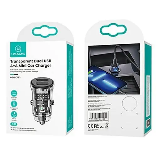 Автомобільний зарядний пристрій Usams US-CC162 C31 15W Transparent Dual USB A+A Mini Car Charger - фото 2
