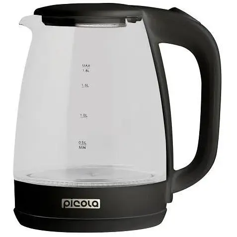 Электрочайник Picola PEK-06, черный, 1500W, 1.8 л, стекло, дисковый, LED-подсветка, индикатор уровня воды - фото 1