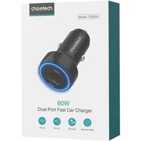 Автомобильное зарядное устройство Choetech (1USB Type C; 1USB) 60W PD3.0 QC3.0 Black (TC0014)