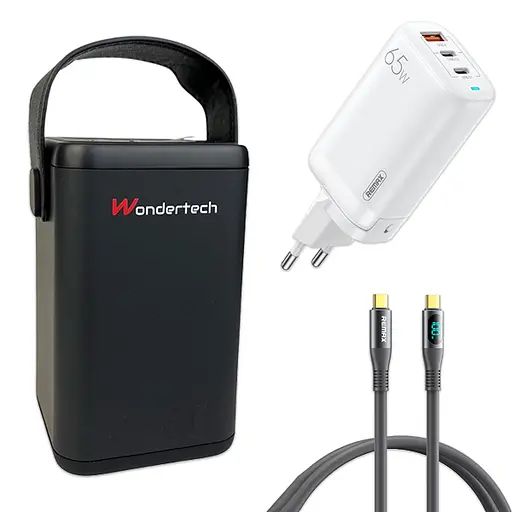 Комплект Повербанк WonderTech O2 Project 60000 мАг 65W + Кабель гумовий Remax RC-C032 + Швидка GaN зарядка Remax RP-U55