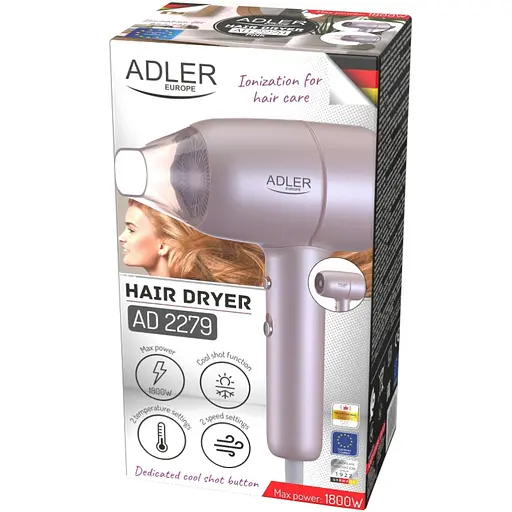 Фен Adler AD 2279p pink 1800Вт/ 2 швидкості/ хол.обдув/ темп.режимів-2/іонізація/ насадки - 1 шт. - фото 7