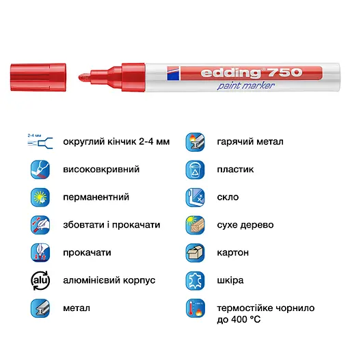 Маркер Edding Paint e-750 2-4 мм круглий червоний (e-750/02) - фото 4