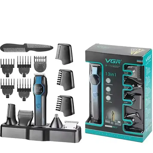 Триммер VGR V-173 13 в 1 аккумуляторный с LED-дисплеем машинка для стрижки Черный с Синим 5 Вт - фото 1