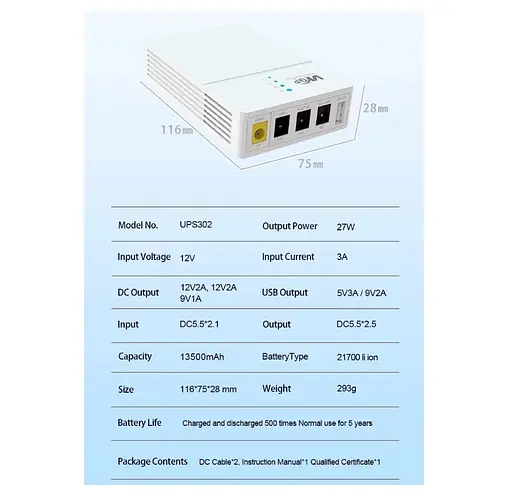 UPS ДБЖ безперебійне живлення для роутера, терміналу PON WGP Optima 9V, 12 V 2 A, 27 Вт 13500mAh + блок 12 В 3 А - фото 7